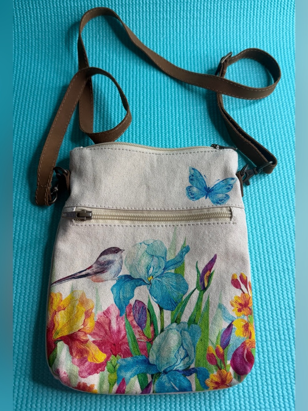 Canvas Crossbody Bag with Blue Floral Print and Brown Strap